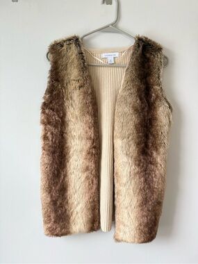 VTG Liz Claiborne Faux Fur Sweater Vest Brown Beige Hippie Boho Size M